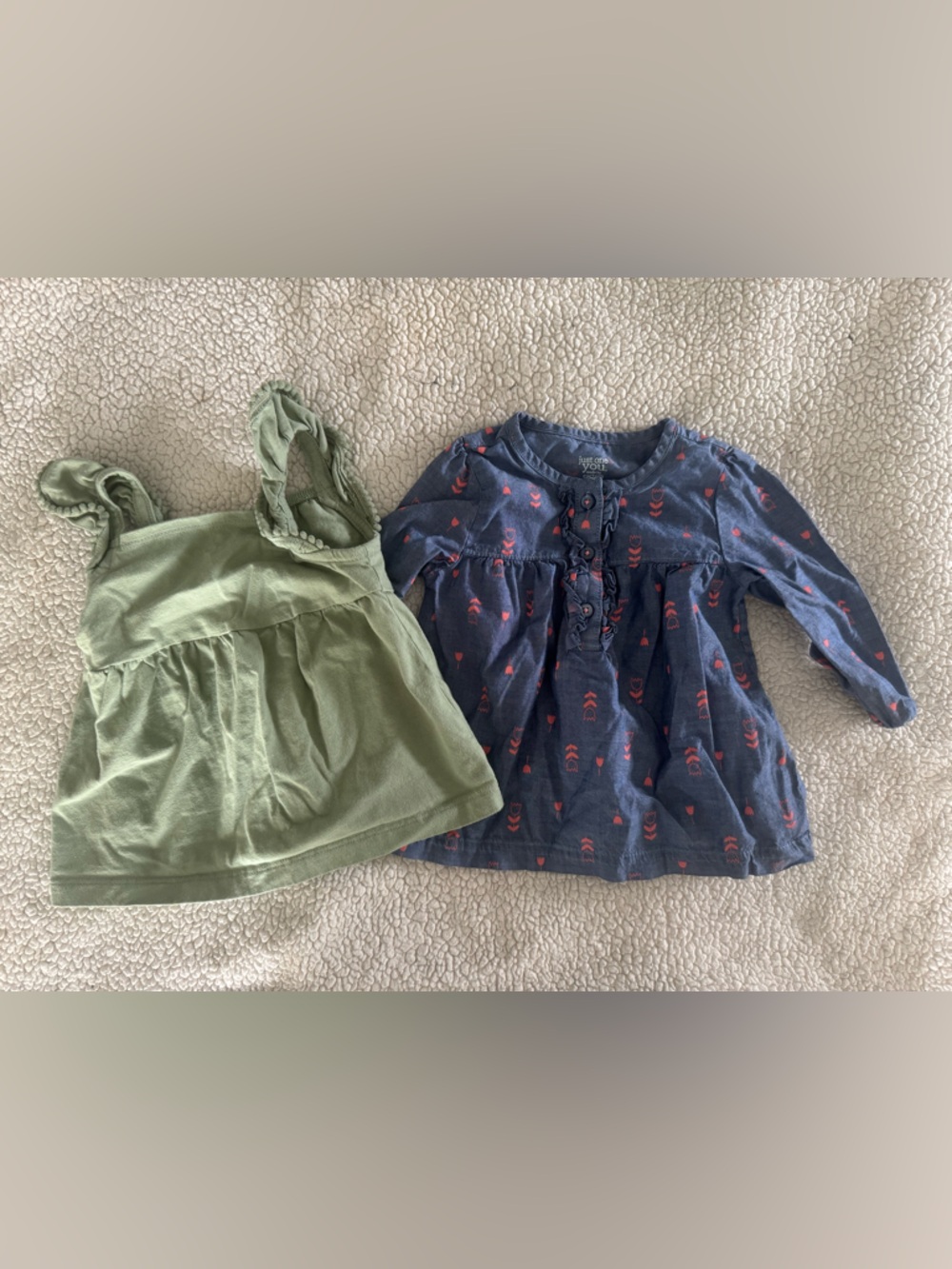 Carters Baby Girl Ruffled Tank Top in Sage Green and Blue Button long sleeve